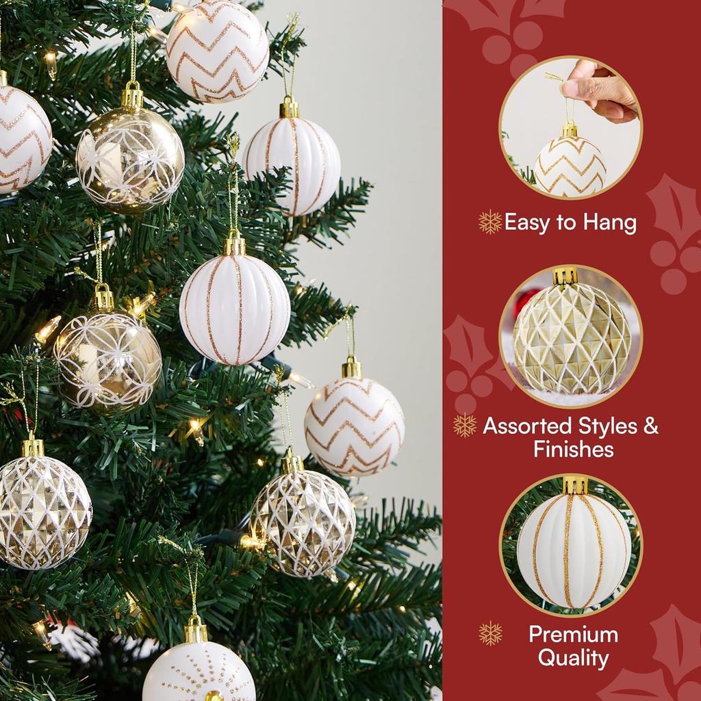 JOYFY 30 Pcs 2.36'' Christmas Balls Ornaments Gold & White Assorted Christmas Hanging Ornaments for Xmas Tree Wreath Party