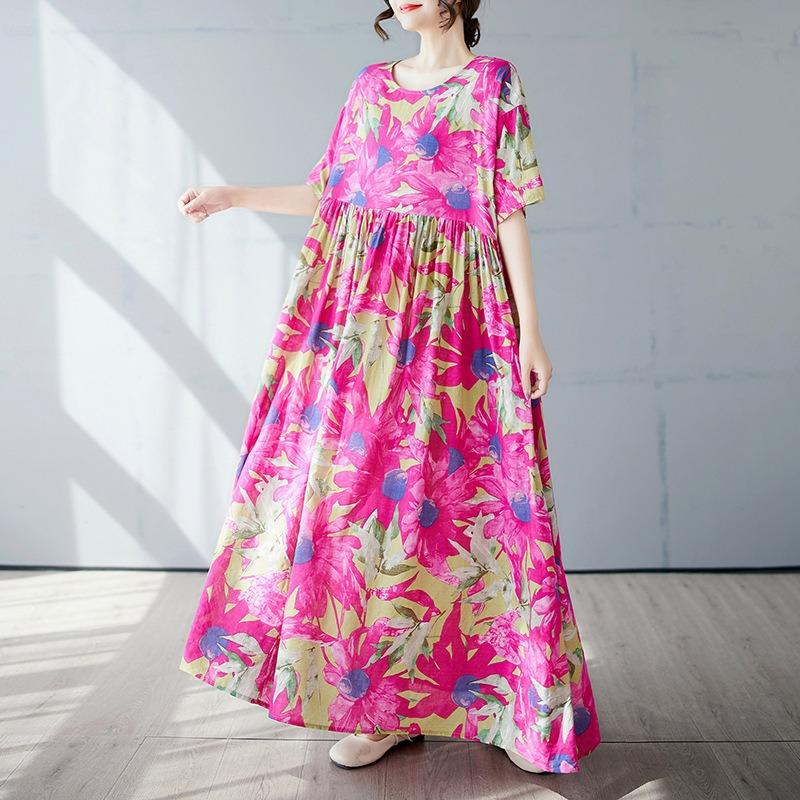 Simple Bohemian Long Dress Summer New Fat Plus Short Sleeve Crew Neck Printing with Women's Clothing