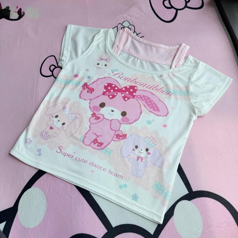 Sweet Crop Tops Tričko Lolita Dámské Y2k Estetický kreslený králík potisk Letní trička Japonská ležérní Roztomilá falešná dvoudílná trička