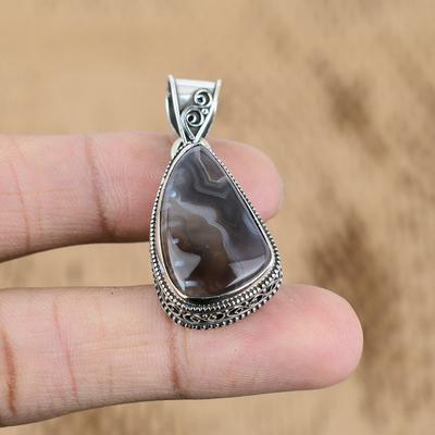 Birthday Gift For Her Natural Botswana Agate Gemstone Pendant Vintage 925 Silver