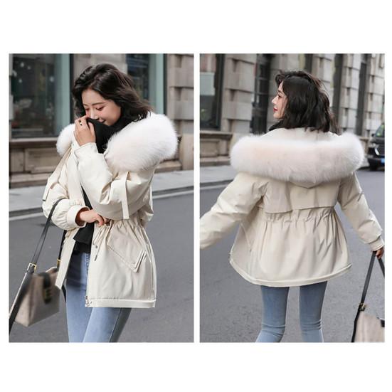 Women Padded Jacket Thickened Plush Lined Coat with Drawstring Waist Winter Warm Puffer