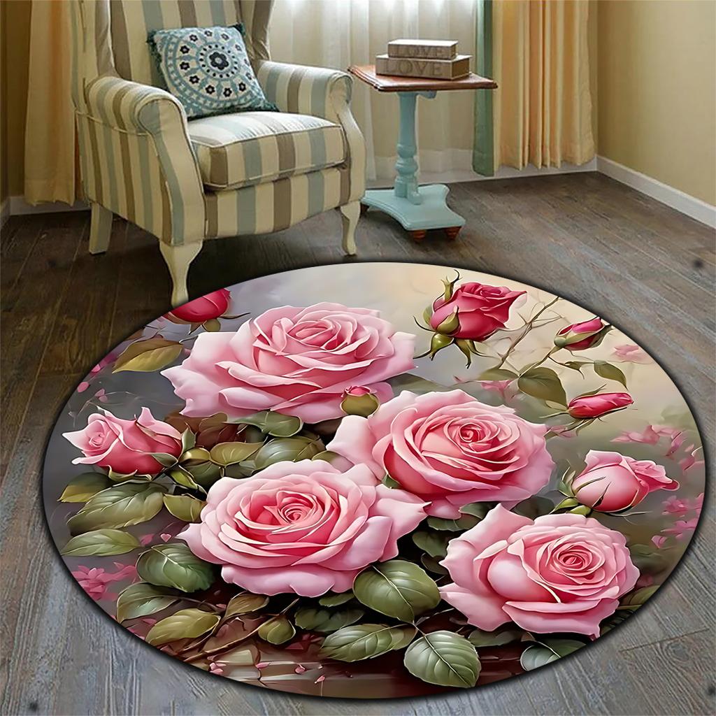 1pc Elegant Rose-Themed Circular Area Mat, Washable Polyester Floor Mat with Lush Floral Design for Living Room, Bedroom, Kitche