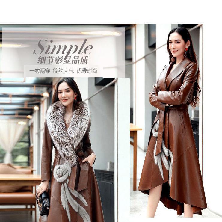 Europe, America autumn and winter new leather jacket women's long knee large size leather trench coat imitation fur coat