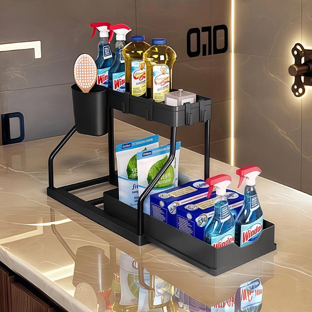 Space-Saving Organizer Shelf 2-Tier Pull-Out Storage Organizer Durable Large Capacity Drawer for Kitchen and Bathroom Essentials