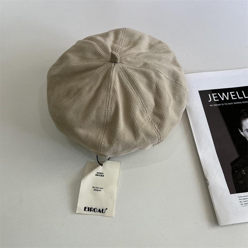 Autumn and winter corduroy black beret women's big head circumference bud hat showing face small painter hat pumpkin hat