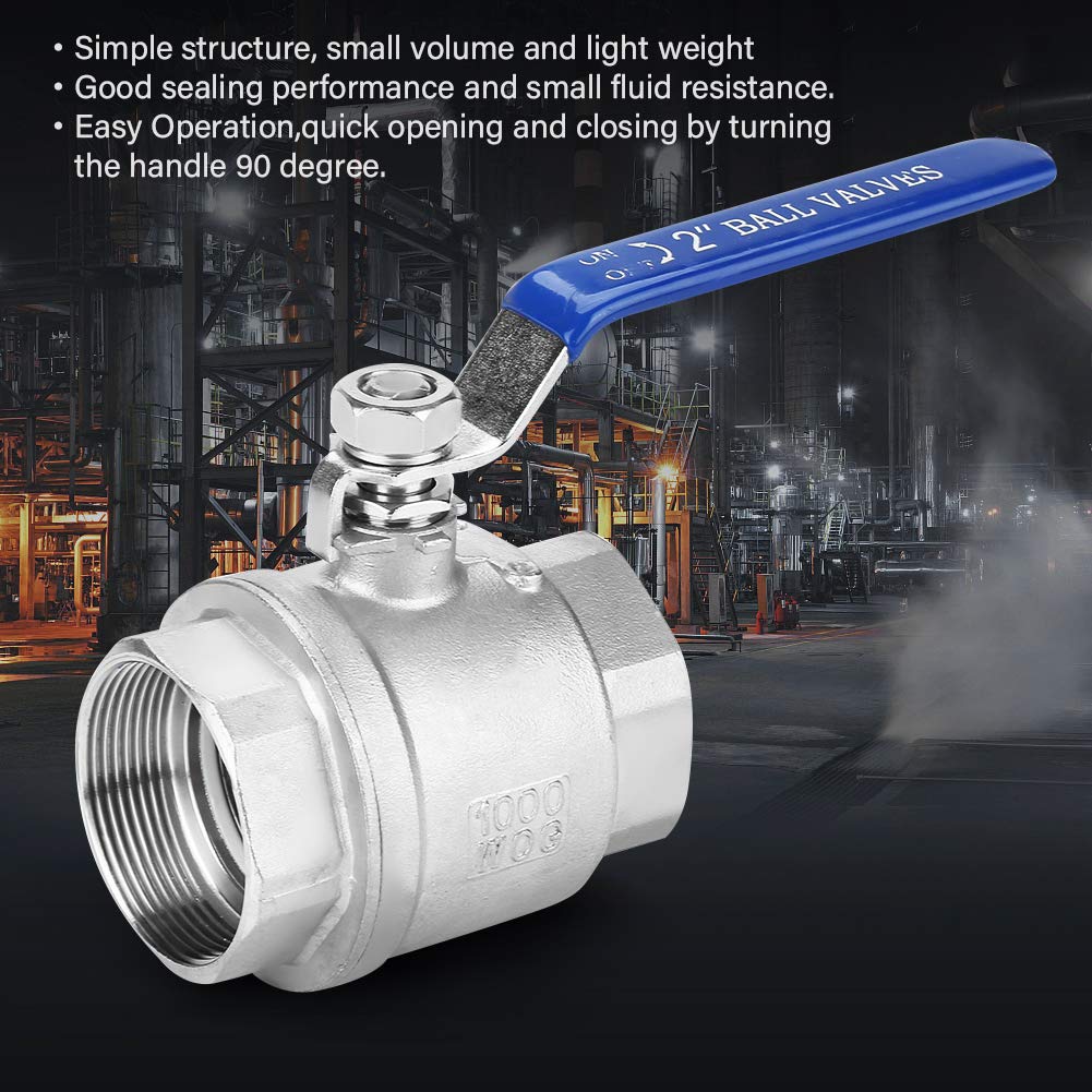 Akozon 2" DN50 Female Thread Ball Valve, Full Port, 304 Stainless Steel Two-Piece, 1000 WOG Heavy Duty, Blue Vinyl Insulated Handle