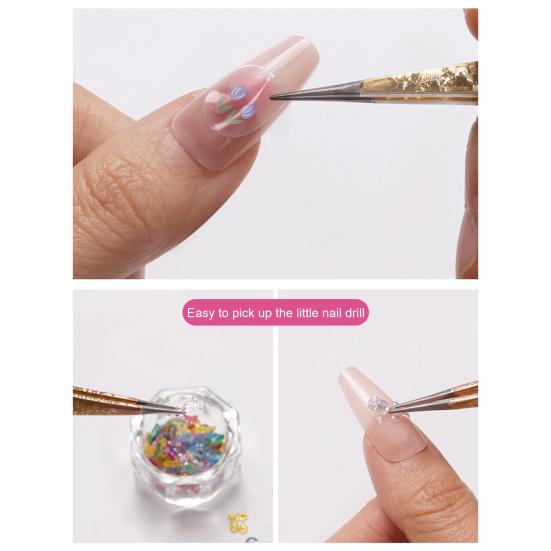 Yousheng Nail Tweezers Multifunctional Double-ended Straight/Curved Anti-slip with Silicone Pressing Head Rhinestones Picker Stainless Steel DIY