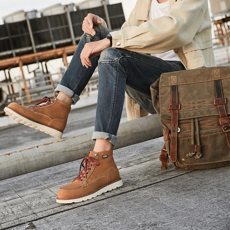 Ghete de lucru retro pentru bărbați, galbene, din piele de vacă, cu tăietură medie