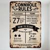 Vintage 'CONNHOLE RULES' Metal Tin Sign with Cornhole Boards Illustrations, Rust Effects, for Man Cave Bar Home Decor