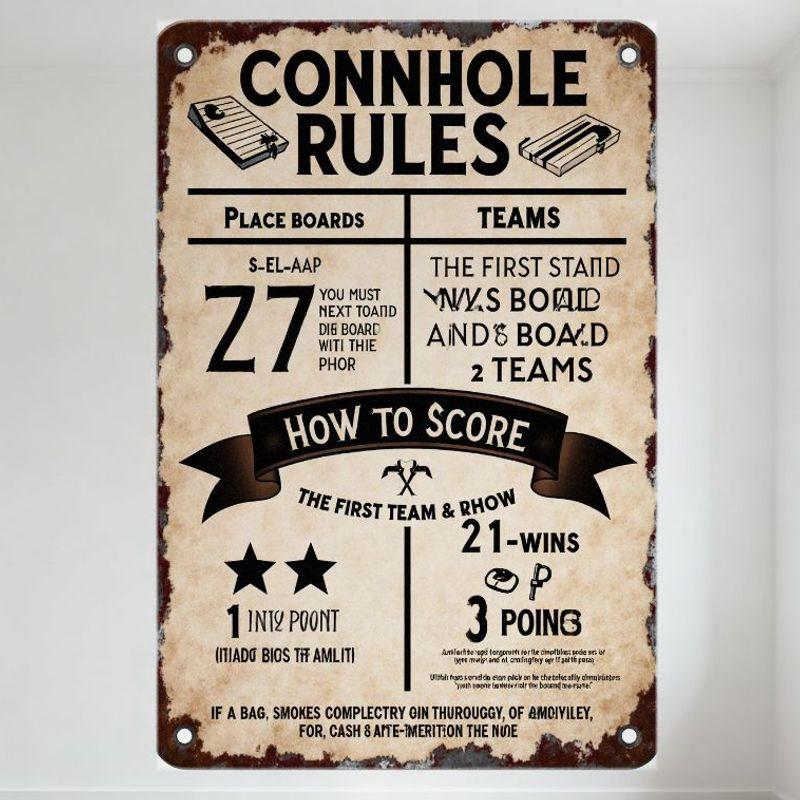 

Vintage CONNHOLE RULES Metal Tin Sign with Cornhole Boards Illustrations, Rust Effects, for Man Cave Bar Home Decor 20x30cm（7.8x11.8inch）