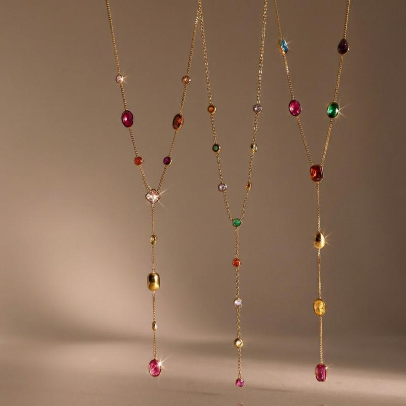 Wanxing Geometric Zirconia Y-shaped Necklace: Stainless Steel, Versatile European & American Fashion.