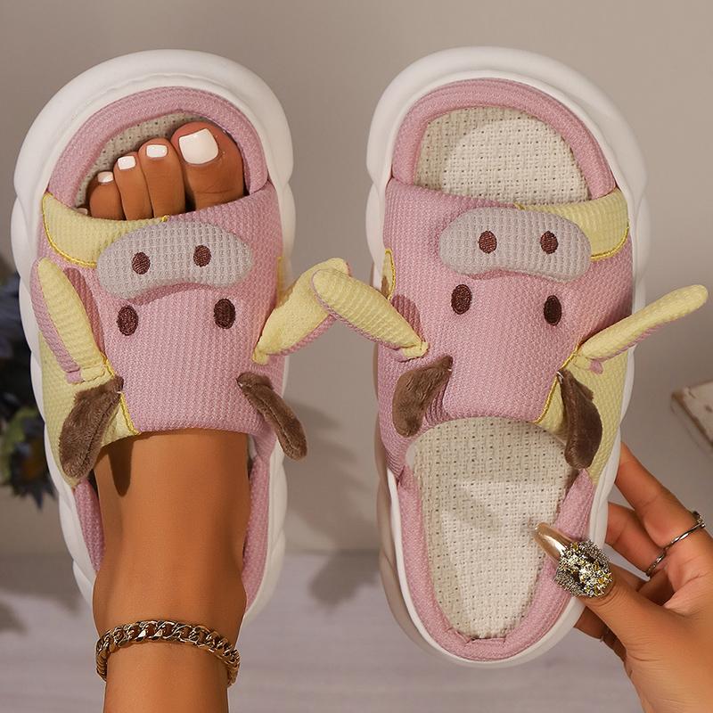 Fashion Lovely Cow Linen Slippers for Women Spring Autumn Open Toe Platform Linen Slides Woman Soft Non Slip House Slippers Female