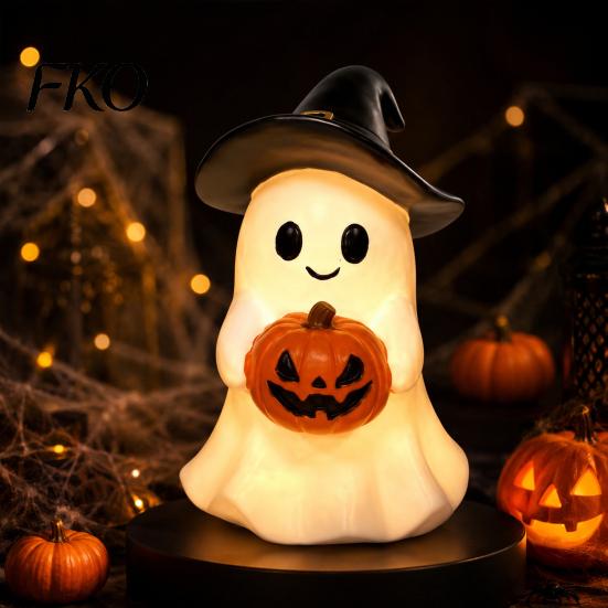 LED Pumpkin Decor Halloween Ghost Figurine, Cute Resin Holding Spooky Table Centerpiece Statue for Desk Tabletop Indoor Home Safe Flameless