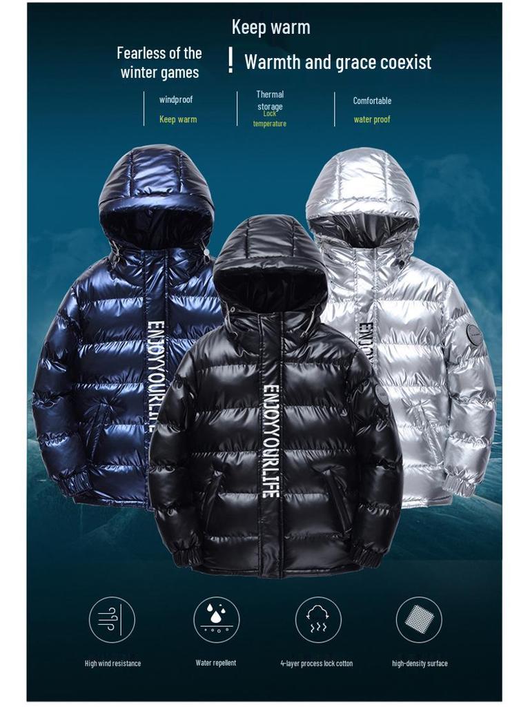 Boys' Hooded Winter Jacket - Thick, Warm, Cotton-Padded Coat with Shiny, Wash-Free Outerwear for Big Kids