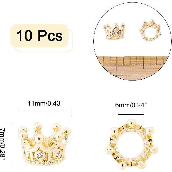NBEADS 10 Stück Zirkonia Pavé Königskrone Perlen, 11x7mm Goldfarbe Armband Abstandshalter Charms Große Loch Lose Perlen für Armband Halskette DIY
