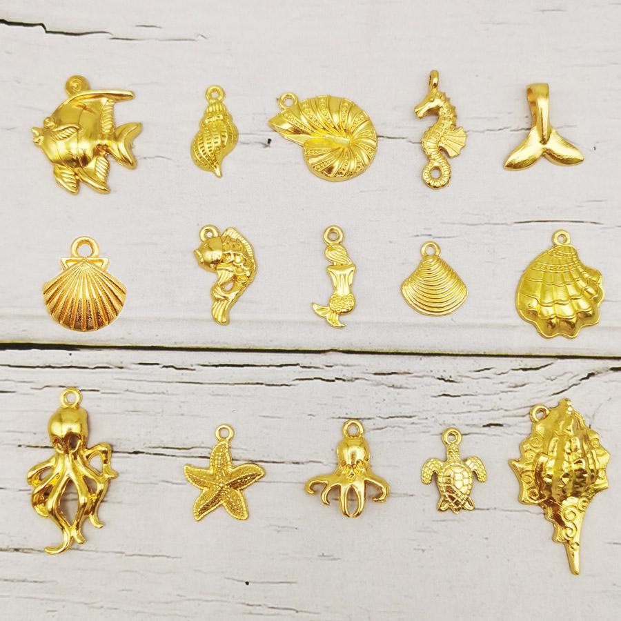 10/15PCS Gold Color Marine Life Charms Alloy Fish Mermaid Shell Conch Seahorse Octopus Pendant Bracelet Jewelry Making Accessory