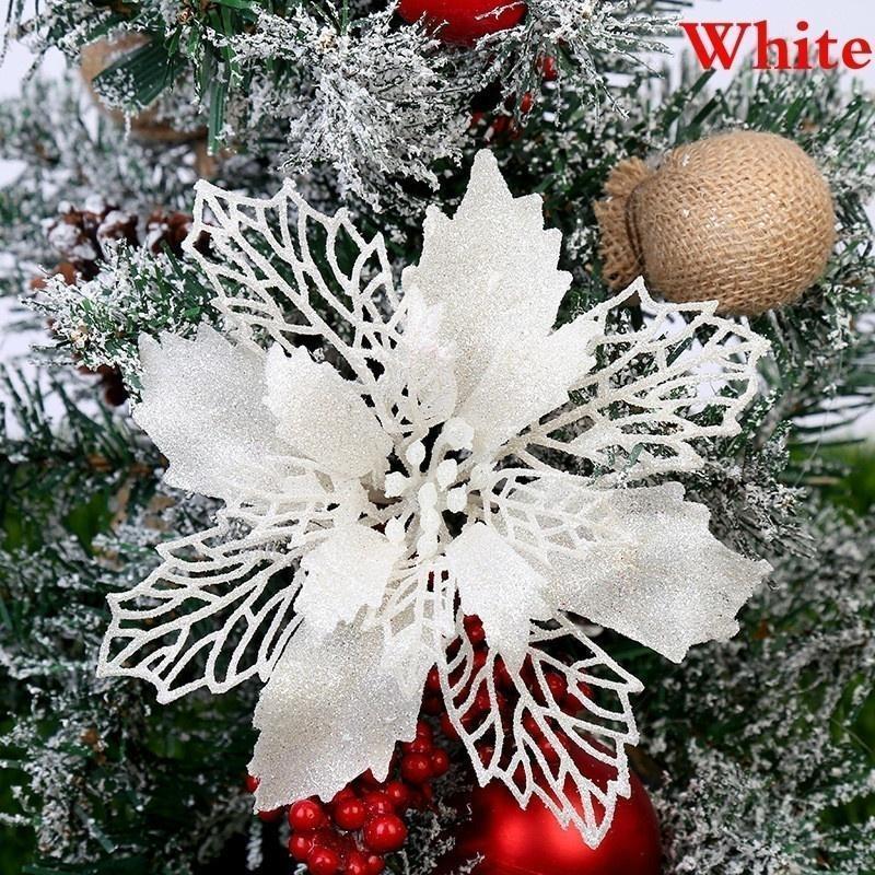 5pcs Christmas Flowers Glitter Fake Flowers Merry Christmas Tree Decorations For Home Gift Xmas Ornament Home Decor Supplies