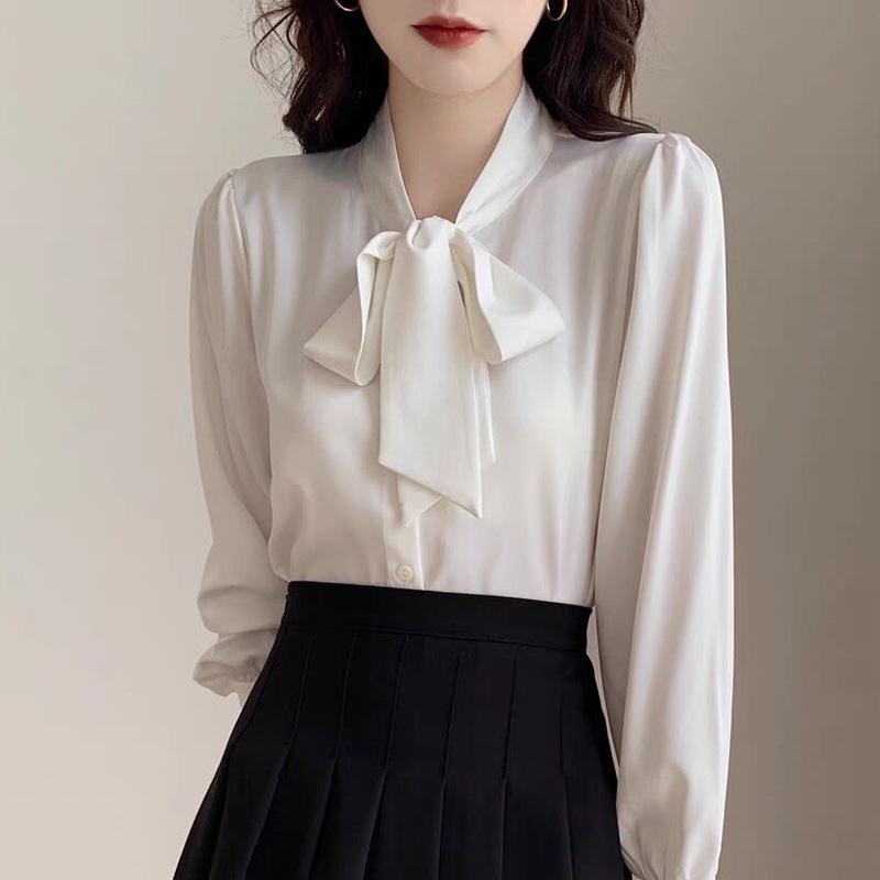 Women's Ash Blue Satin Long Sleeve Shirt - Retro Hong Kong Style, Spring Commute, Concealed Placket, Versatile Drapey Blouse