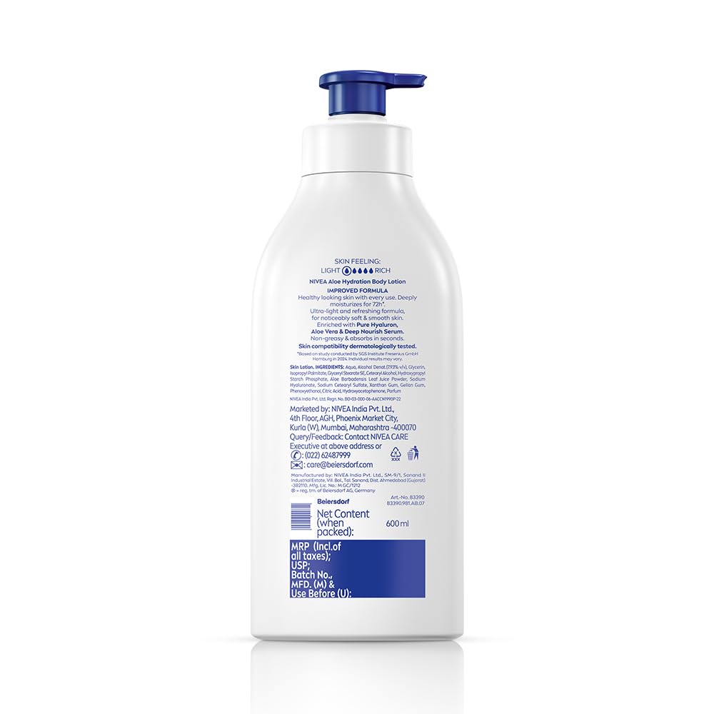 NIVEA Aloe Hydration Body Lotion 600 ml | 72 H Moisturization | Goodness of Aloe Vera For Instant Hydrating In Summer