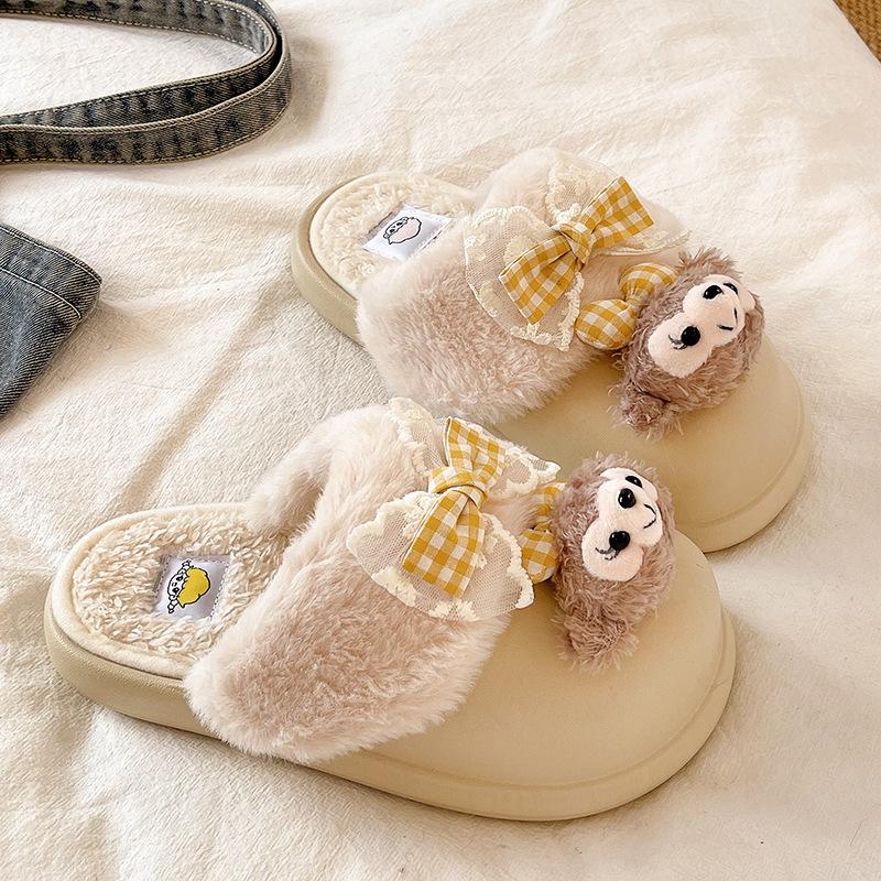 Explosive Super Soft Removable Wool Cotton Slippers Women's 2025 New Winter Out Foreign Style Cute Cartoon Bag Head