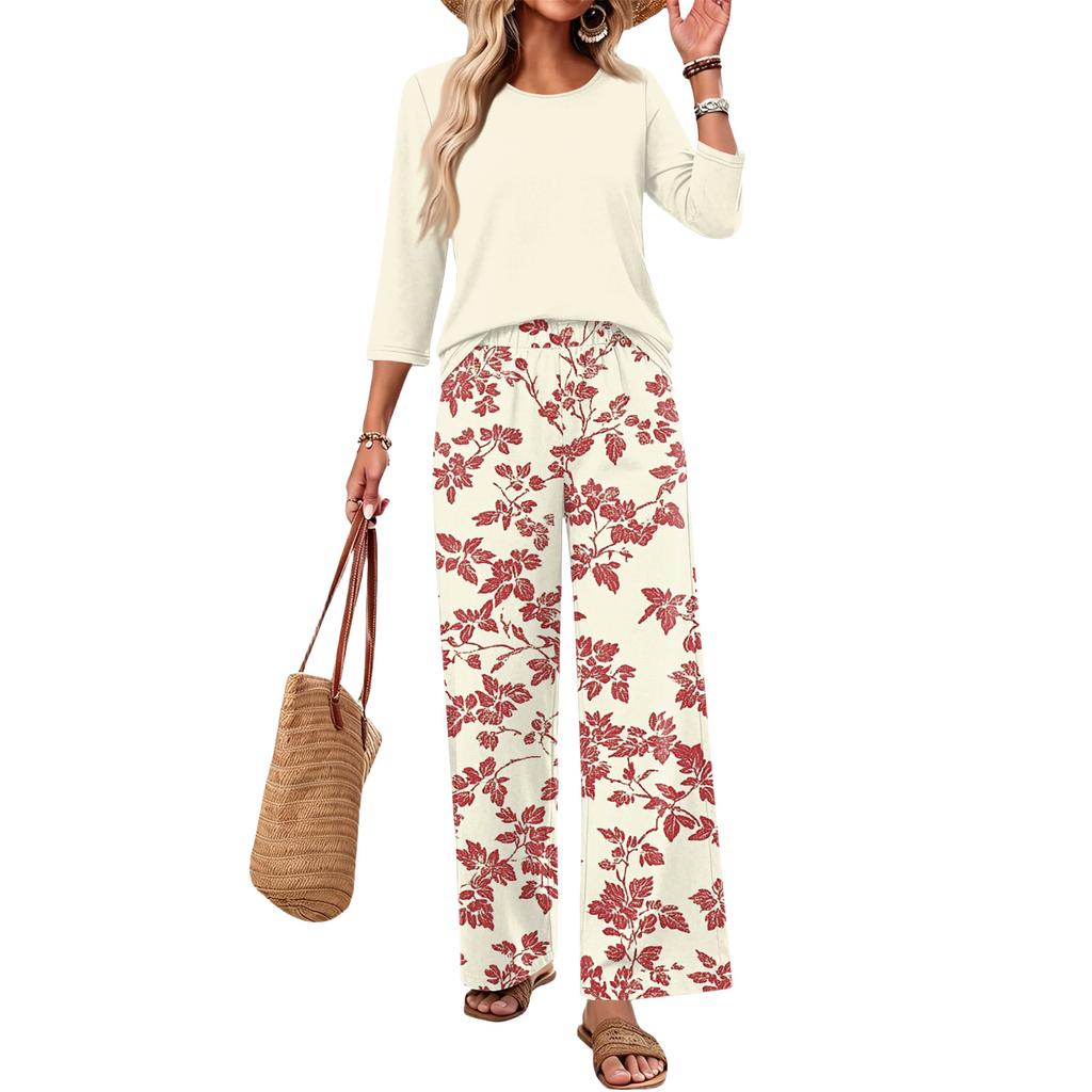 Women's Casual Two Piece Set Loose Fit Round Neck Top with Three Quarter Sleeves and Wide Leg Printed Pants Lounge Wear Set