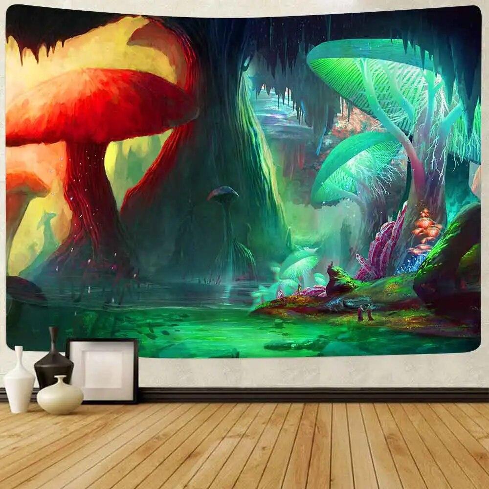 Tapeçaria fluorescente cogumelo floresta psicodélico água-viva arte parede sala de estar dormitório decoração