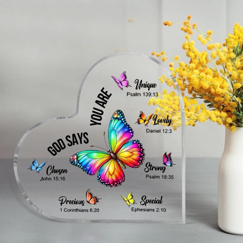 2D Flat Christian Gift Acrylic Heart Butterfly Desktop Decorative Plaque, Home Decor Plaque Hanging Wall Art Decorative Garden Decoration for Room Doo