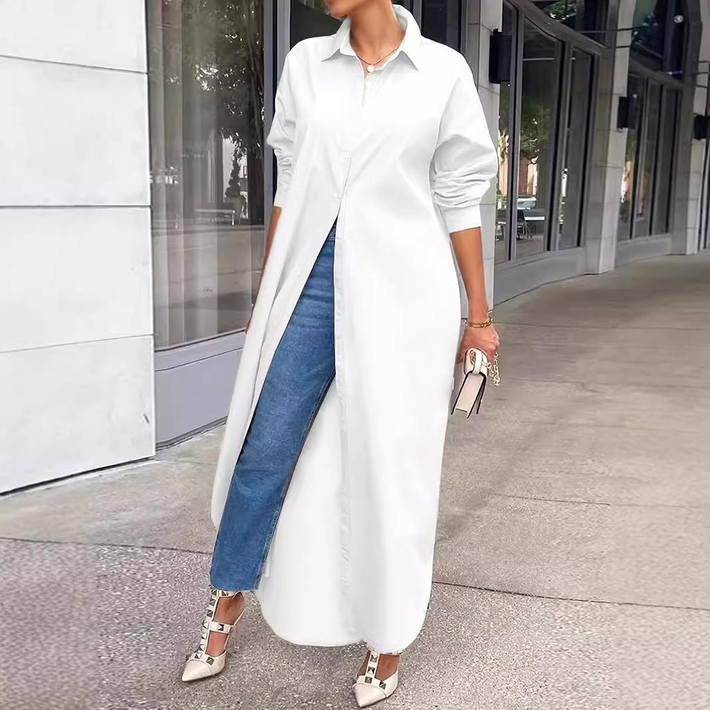 Women Lapel Collar Maxi Shirt Dress Long Sleeve Oversized Open Front Loose Casual Streetwear Tunic Cover‑Up Blouse