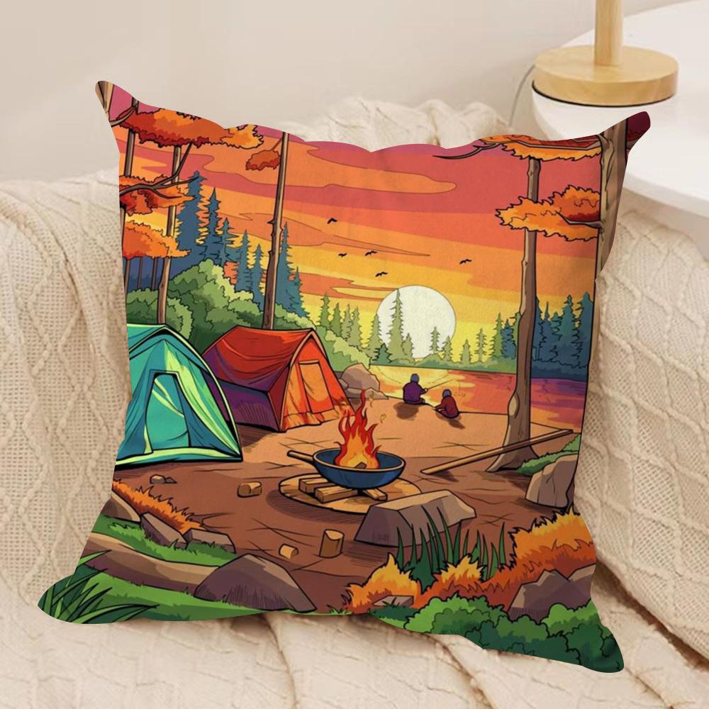 Happy Camper House Cushion Cover Soft Plush Throw Pillow Cover DoubleSided Decorative Cushion Case Sofa Bedroom Home Decor