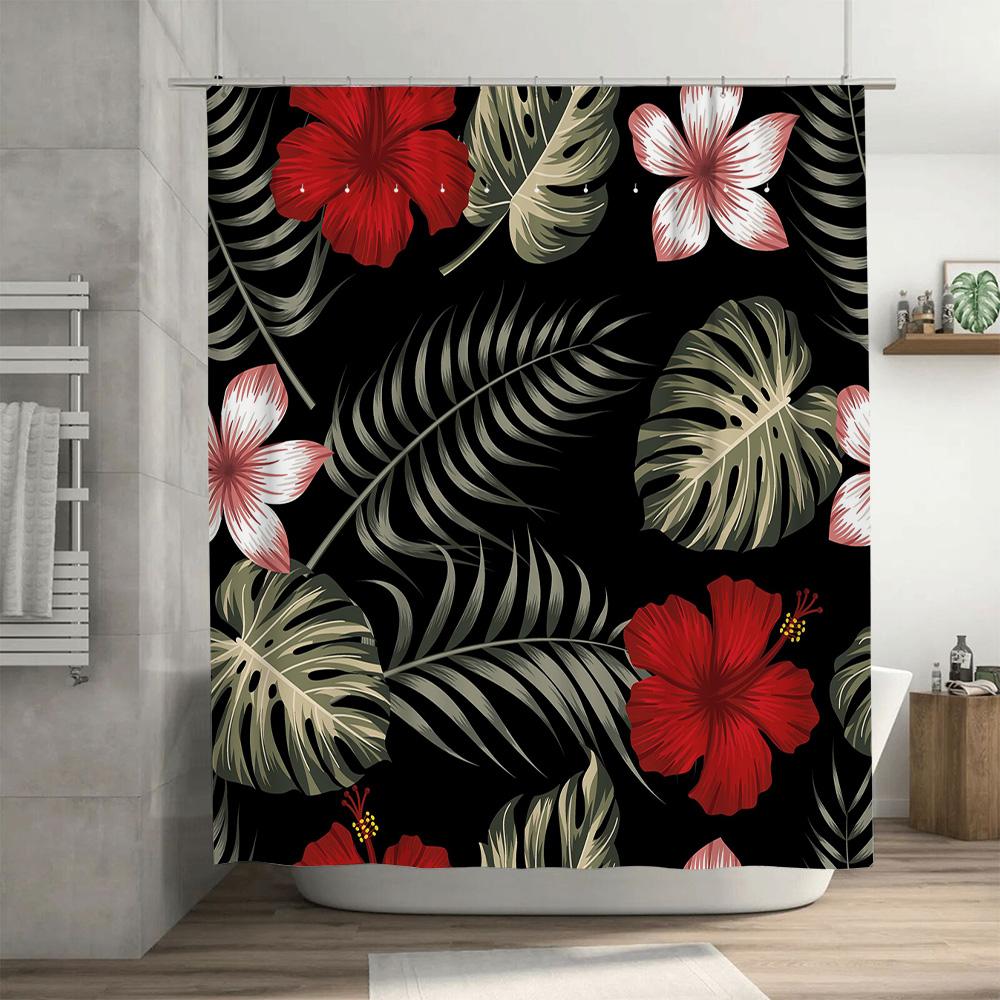 High-quality Shower Curtains Featuring a Tropical Hibiscus Pattern with Black Background In Red, Green, White, Pink Colors for H