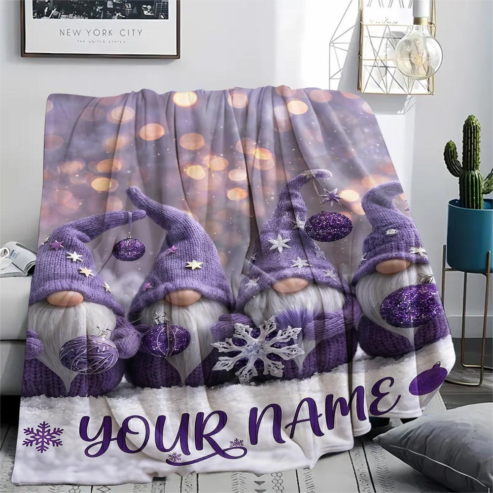 1PC Custom Name Purple Winter Gnomes Patterned Flannel Blanket Suitable For All Seasons for Home Decor Warmth and Comfort Gifts Holiday Present_lx
