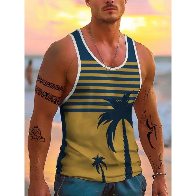 Summer 2025 Men s Sleeveless Round-neck Vest With Simple Beach And Coconut Tree Print Street Fashion Casual Wear S