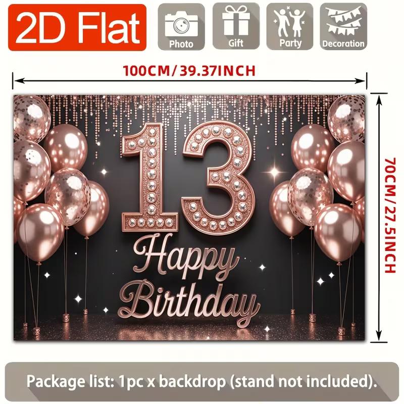 2D Happy 13th Birthday Backdrop, Rose Gold Glitter Balloon Party Photo Booth Background