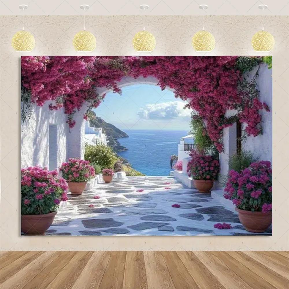 Nordische Griechische Landschaft Hausparty Dekorationen Inselstadt Santorin Blaue Kuppel Kirche Ägäis von Santorin Fotografie Hintergrund