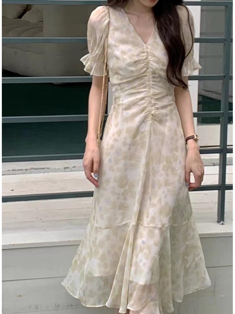 Women s Floral V-Neck Mermaid Dress: Elegant Summer 2026 Slimming Style XS