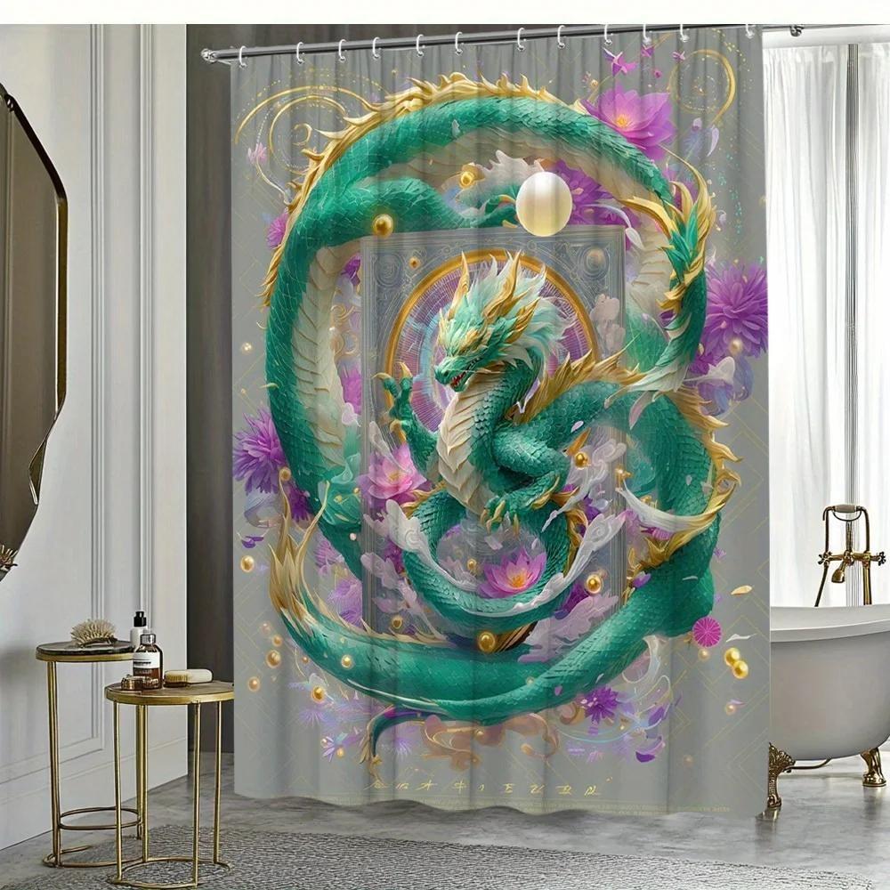 1 Stück Drachenmuster Duschvorhang Badewannenabtrennung Hängevorhang Grünlicher Drache Tiermuster Lebhaftes Grün und Lila Flora