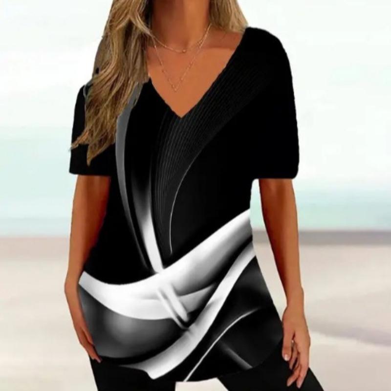 Retro Women's Ethnic Geometric Painting Harajuku T-shirt Women's Summer Casual Short Sleeve V-neck T-shirt