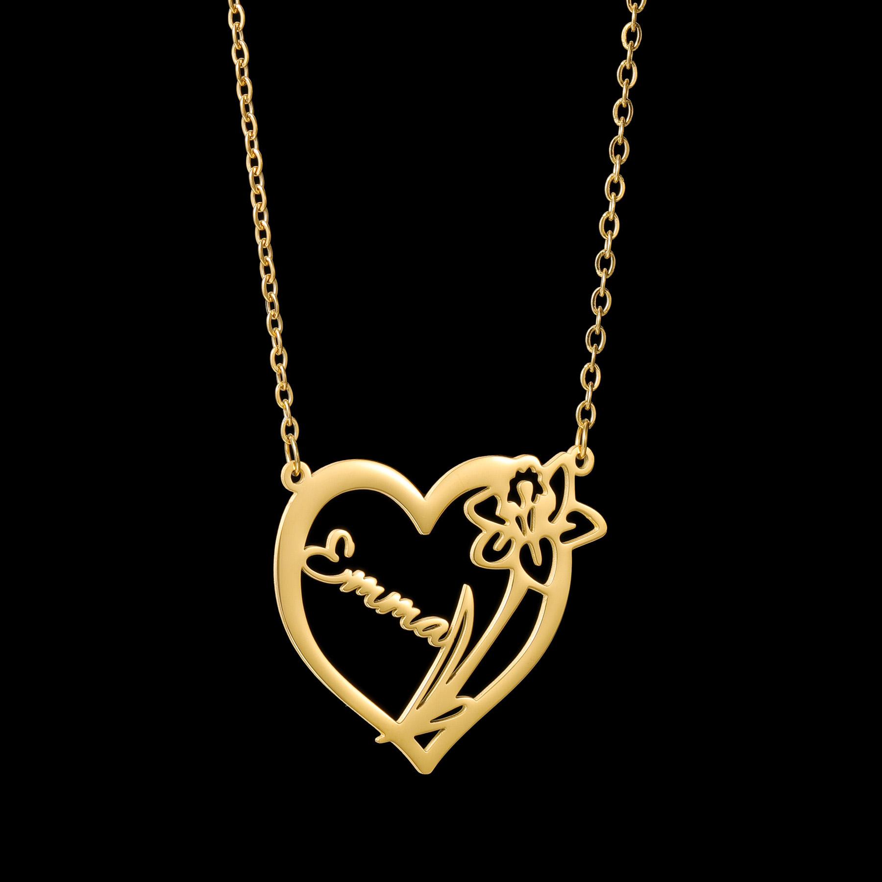 Atoztide Personalized Custom Name Necklace for Women Stainless Steel Heart Pendant Nameplate Choker Link Chain Jewelry Gifts 35cm&Flower Heart