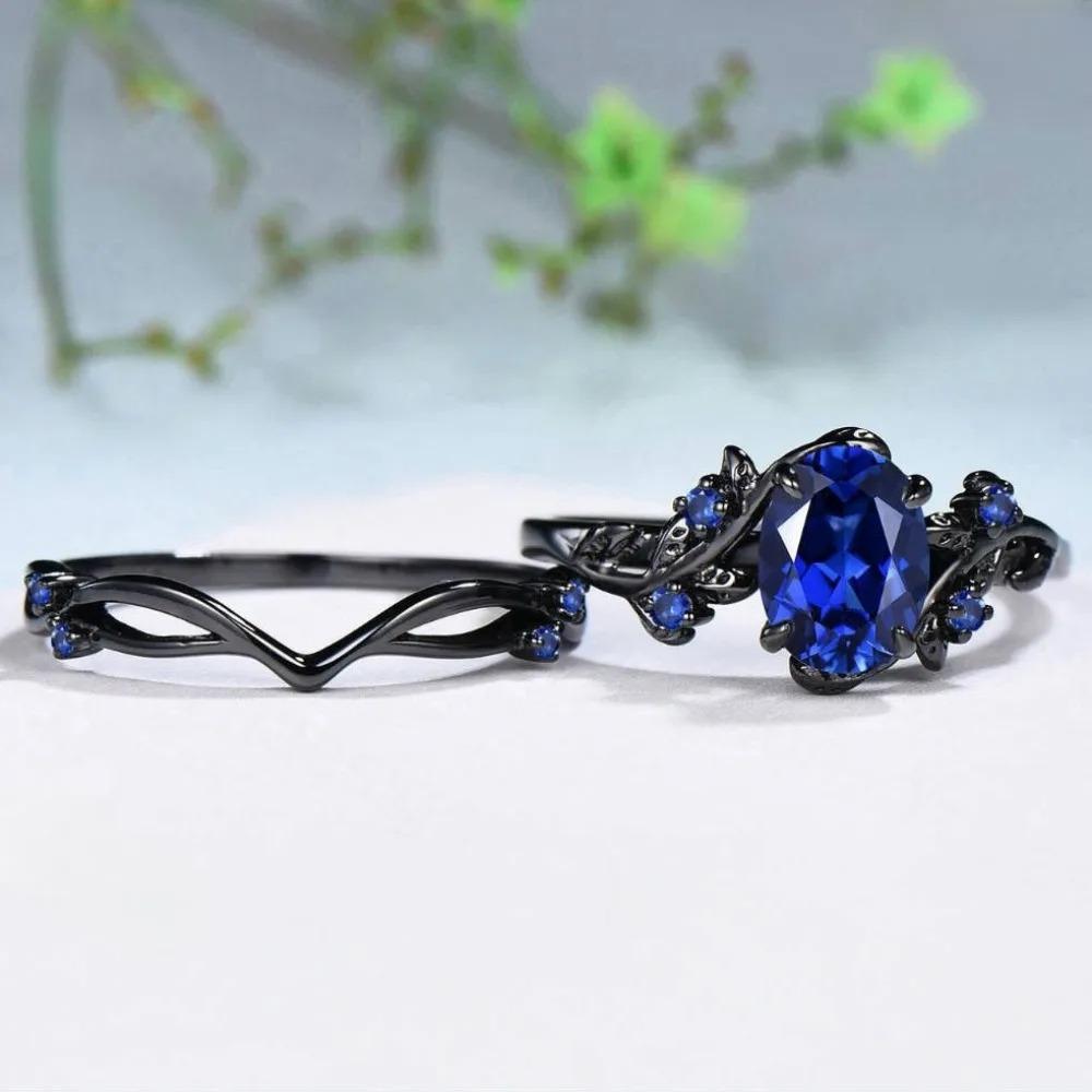 2Pcs/Set Fashion Black Gold Color Blue Rhinestone Zircon Rings For Women Full Crystal Rings Wedding Engagement Jewelry Gifts