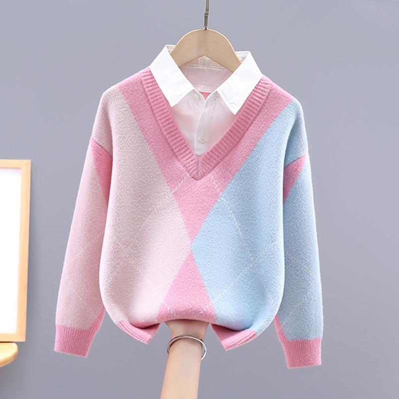 Girls' Knitted Two-Piece Sweater - Spring/Autumn Spliced Style for Children