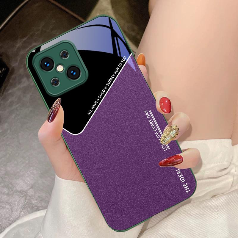 Leather Grid Element For Oppo Find X5 X8 Pro X3 Lite A72 58 73 54S F11 79 Reno 6 4Z 5G Nord N200 Tempered Glass Phone Case