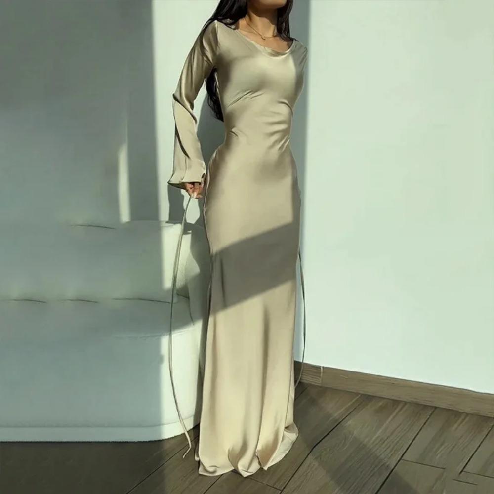 Womens Dresses New Long Dresses Fashion Simple Round Neck Satin Flare Sleeve LaAe Up Slim Evening Party Dresses Sexy Dress