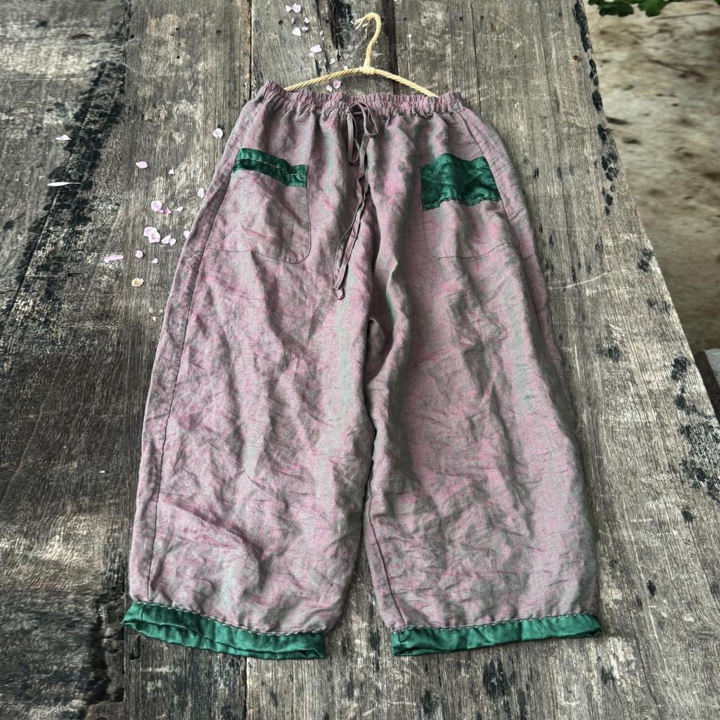 Johnature Women Vintage Wide Leg Pants Elastic Waist Patchwork Color Belt Trousers Autumn Loose Casual Pants