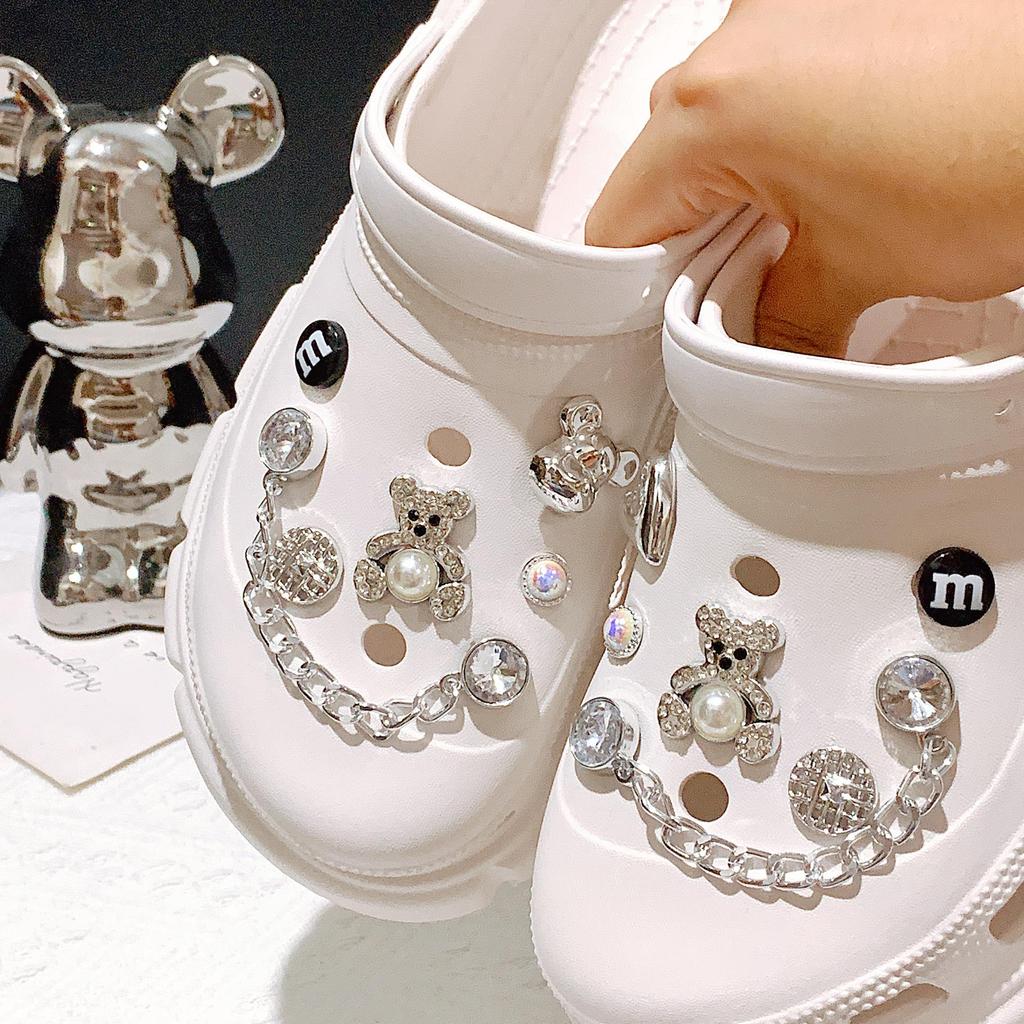 Fibbia a Catena con Orsetto Abbraccio e Strass per Scarpe con Foro Accessori Fai da Te