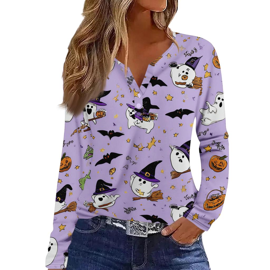 Women's Casual Long Sleeve T-Shirt with Halloween Print V-Neck Button for Parties