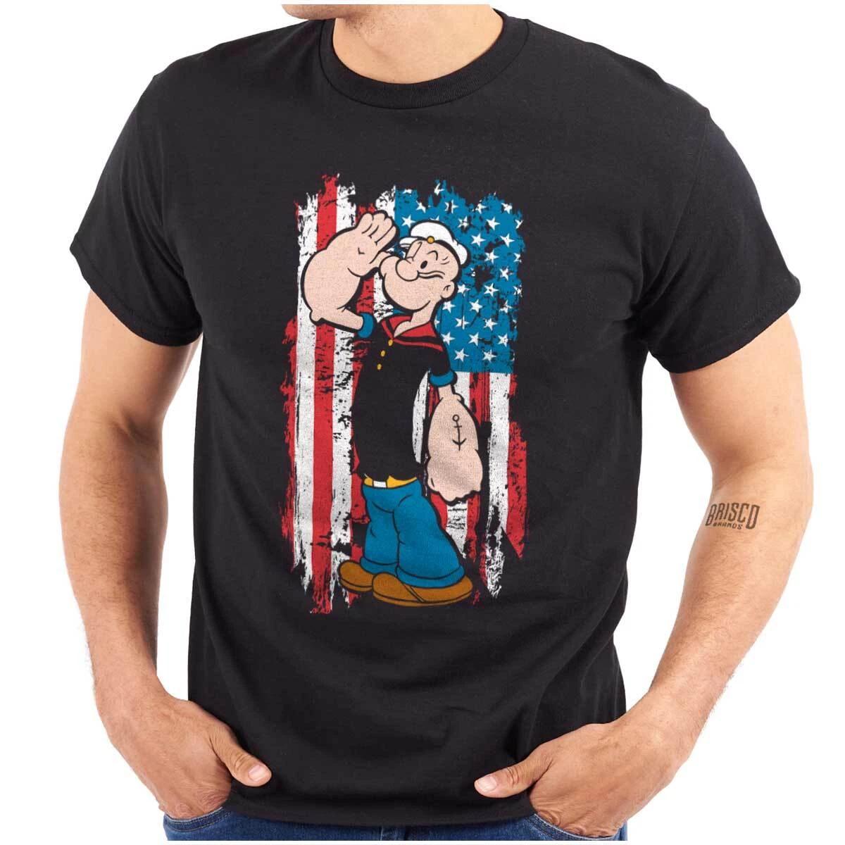 Popeye the Sailor Man Salute American Flag Womens or Mens Crewneck T Shirt Tee L