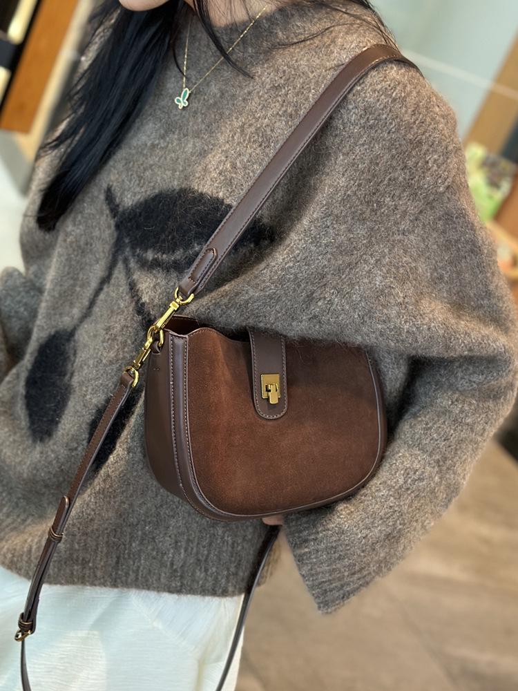 2025 Retro Fashion Genuine Leather Women's Frosted Cowhide Shoulder Crossbody Saddle Bag
