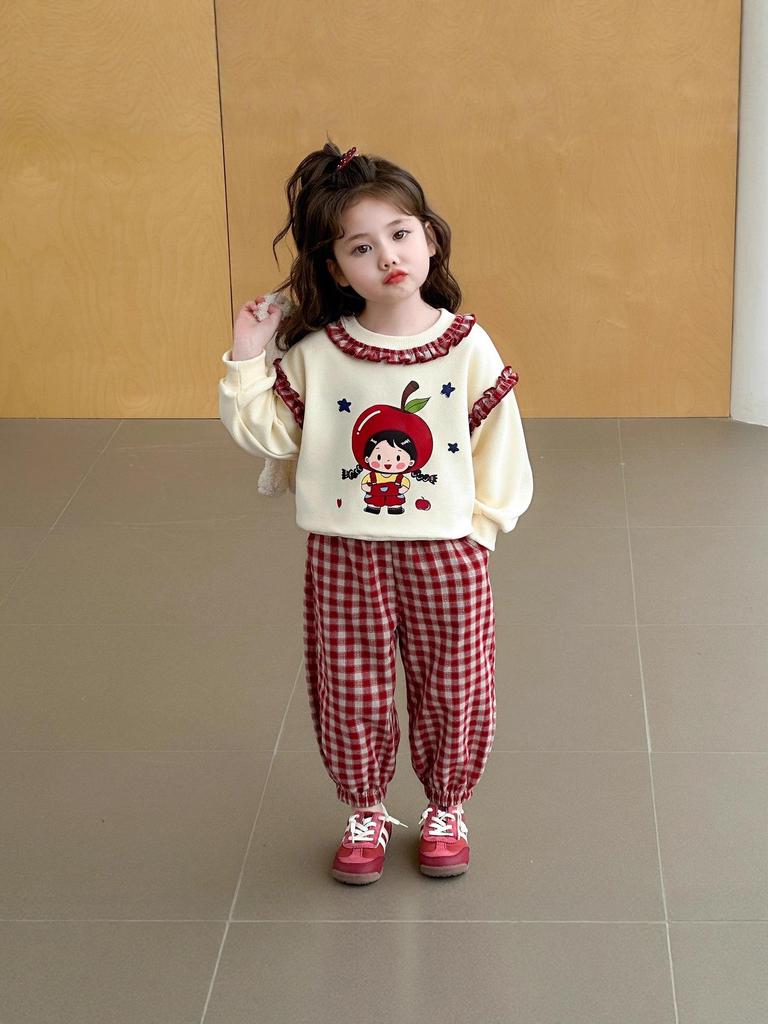 Girls' Plaid Pants Set - Spring/Autumn 2025 Collection - Trendy Apple Design Outfit