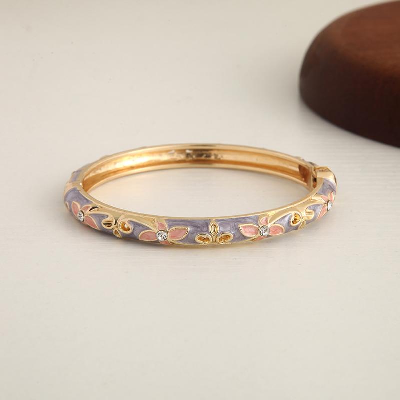 Enamel Floral Bangle Bracelet Gold-Tone Accent Vintage Open Cuff Elegant Bohemian Jewelry For Women Daily Party Gift