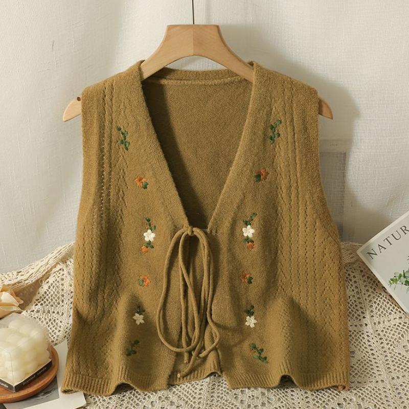 

Вязаный жилет с V-образным вырезом и галстуком-бабочкой, женская осенняя верхняя одежда, милый жилет-свитер без рукавов XL кофейный